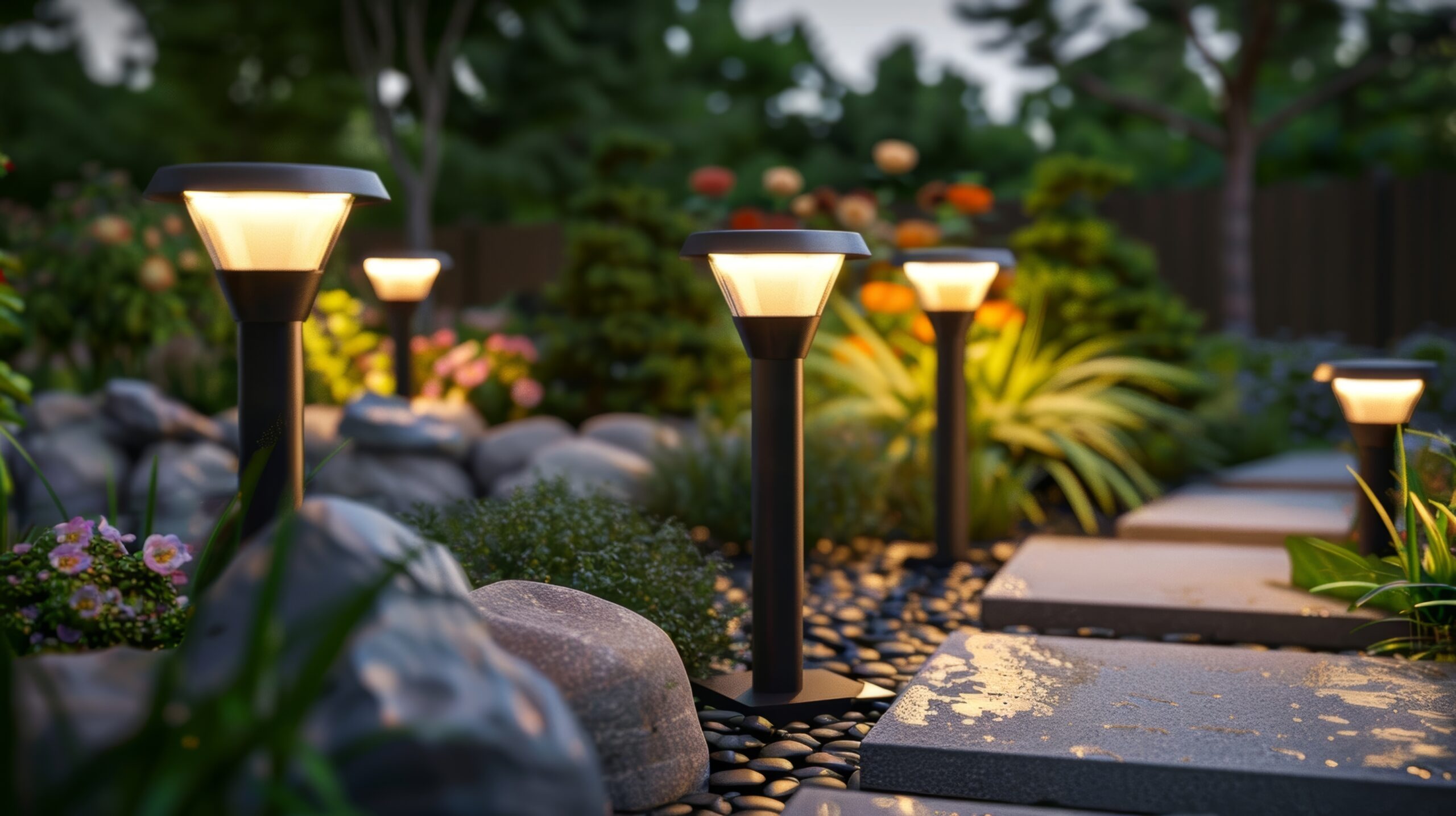Soft glowing solar path lights leading through a serene backyard garden